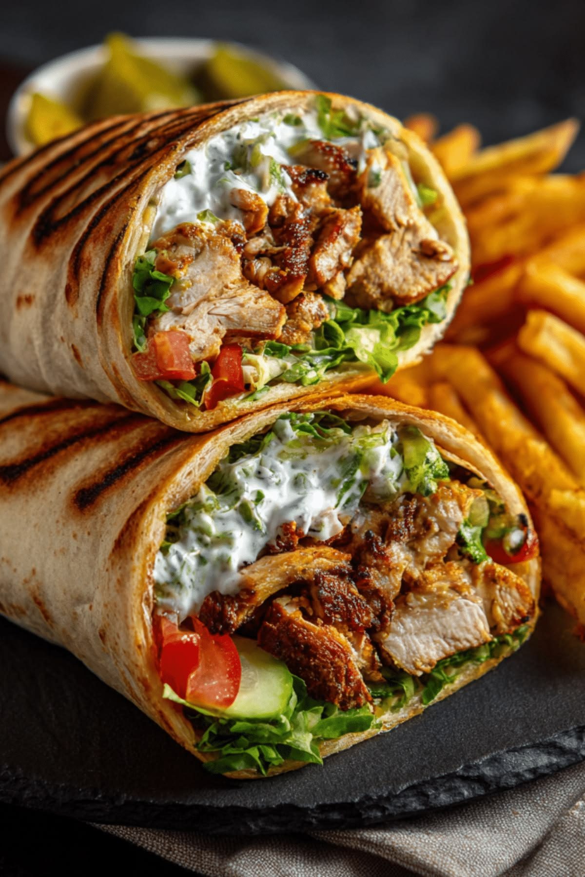 Gefüllter Wrap mit Fleisch, Salat und Sauce