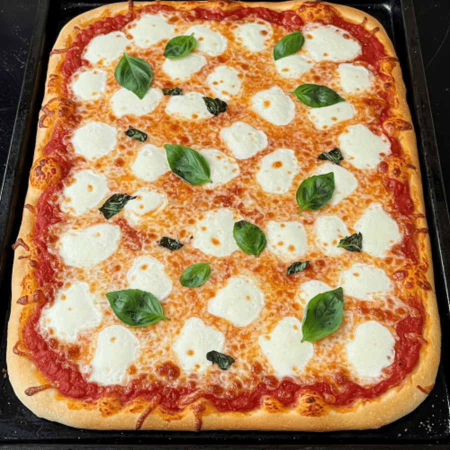 Rechteckige Imbiss-Tal-Familienpizza Margherita mit Mozzarella und Basilikum