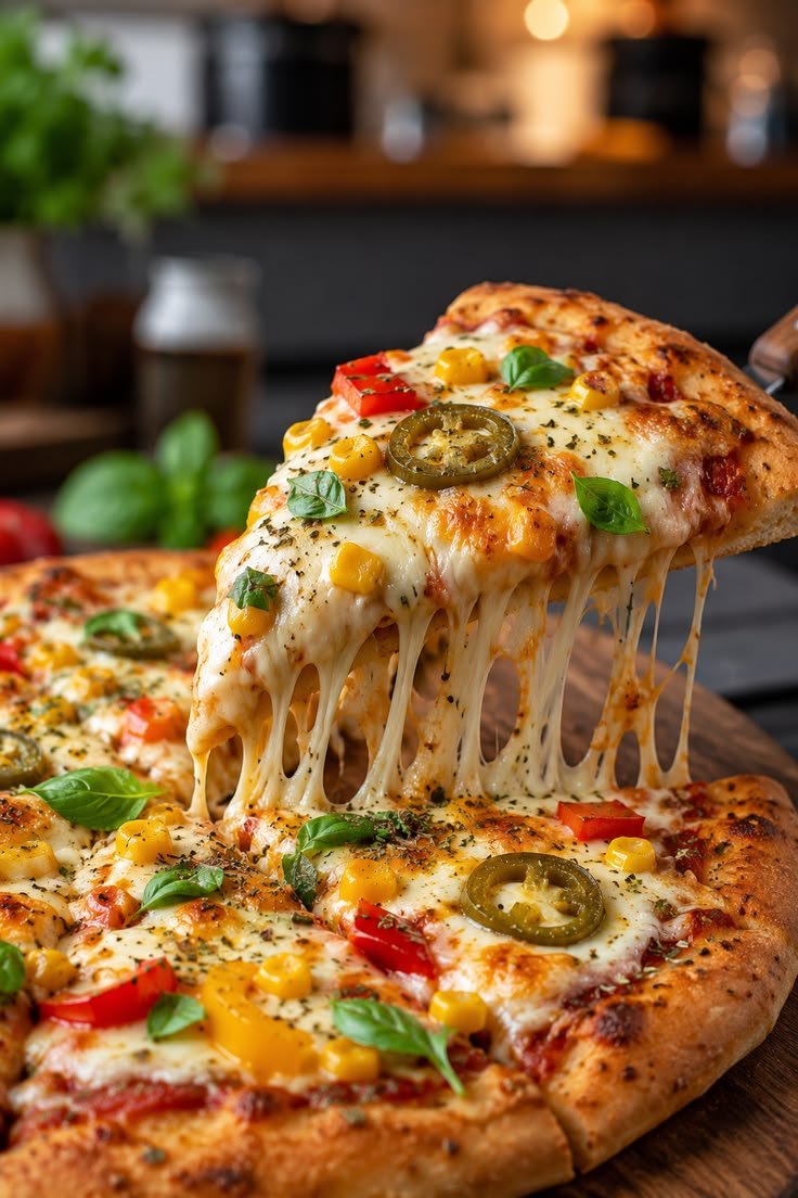 Frische Pizza mit Käse, Mais, Jalapeños und Paprika